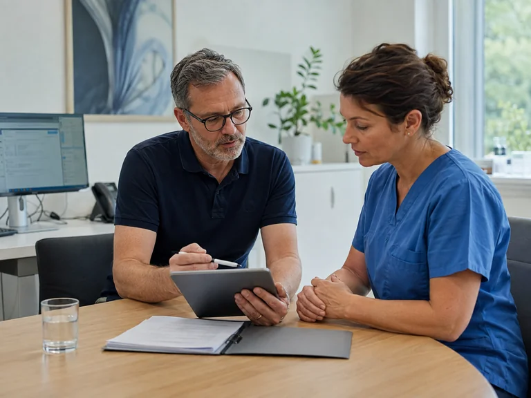 medacom-Berater und eine medizinische Fachangestellte besprechen gemeinsam etwas auf einem Tablet