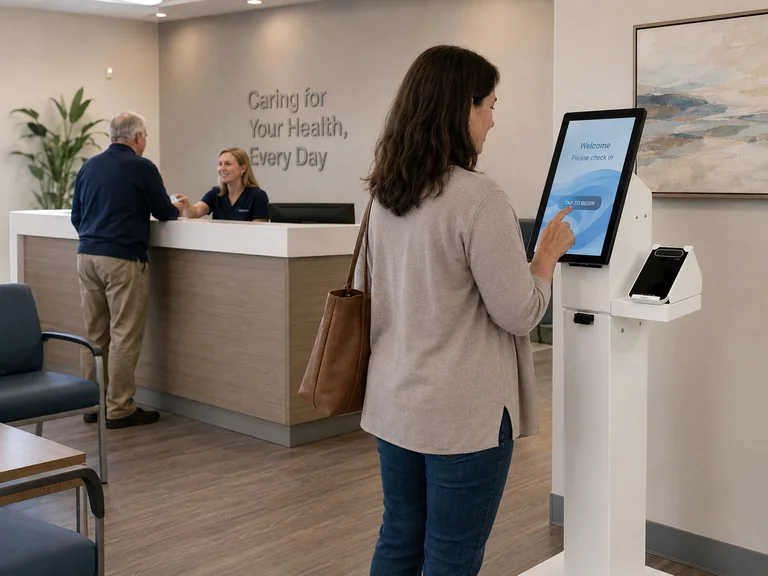 Patientin meldet sich an einem Self-Check-in-Terminal im Praxisempfang an, im Hintergrund der Anmeldetresen