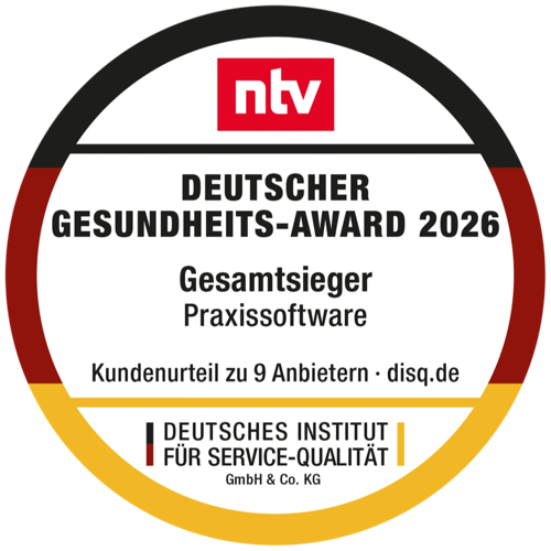 ntv Deutscher Gesundheits-Award 2026 – Gesamtsieger Praxissoftware, Kundenurteil zu 9 Anbietern, Deutsches Institut für Service-Qualität